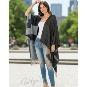 Casual to Classy Gray Color Block Mocha Fringe Trim Kimono-Open Front Shawl-Wrap